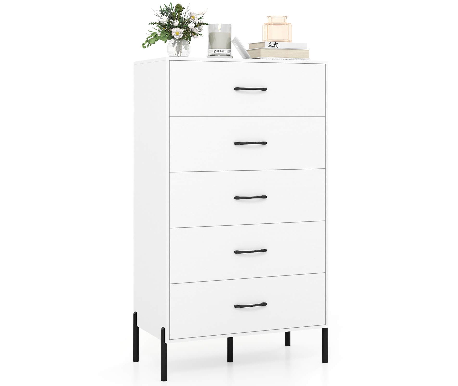 Costway 5-Drawer Dresser with Metal Legs & Handles, Anti-Tipping Kits for Closet, Bedroom White