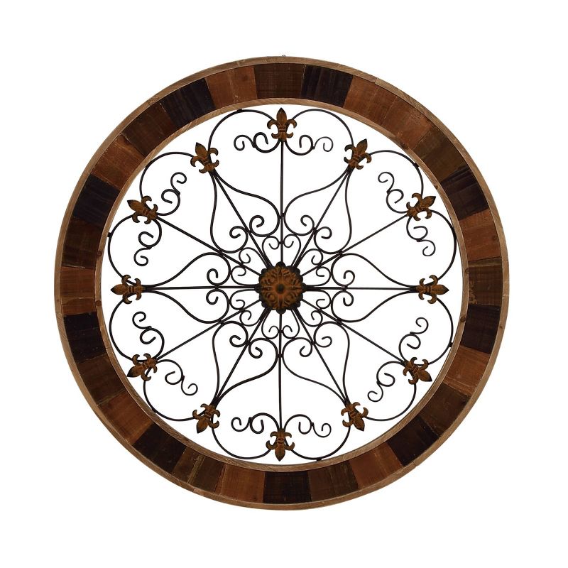 Wood Scroll Arabesque Wall Decor with Metal Fleur De Lis Relief Brown - Olivia &#38; May, 1 of 20