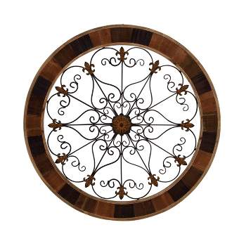Wood Scroll Arabesque Wall Decor with Metal Fleur De Lis Relief Brown - Olivia & May