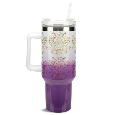 Elanze Designs Gold Love Birds Vintage Floral Damask 40 oz. Stainless Steel, Large Water Bottle Coffee Mug, Spill & Leak Resistant, Thermal Travel