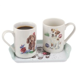 Spode Wrendale Designs Santa's Helpers 3-Piece Mug & Tray Set, 10 Oz Porcelain Coffee Mugs & 8-Inch Melamine Tray - Dishwasher Safe - 1 of 4