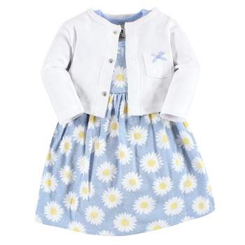 Hudson Baby Infant Girl Cotton Dress and Cardigan Set, Blue Daisy