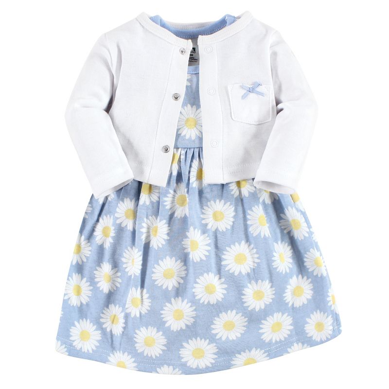 Hudson Baby Infant Girl Cotton Dress and Cardigan Set, Blue Daisy, 1 of 6