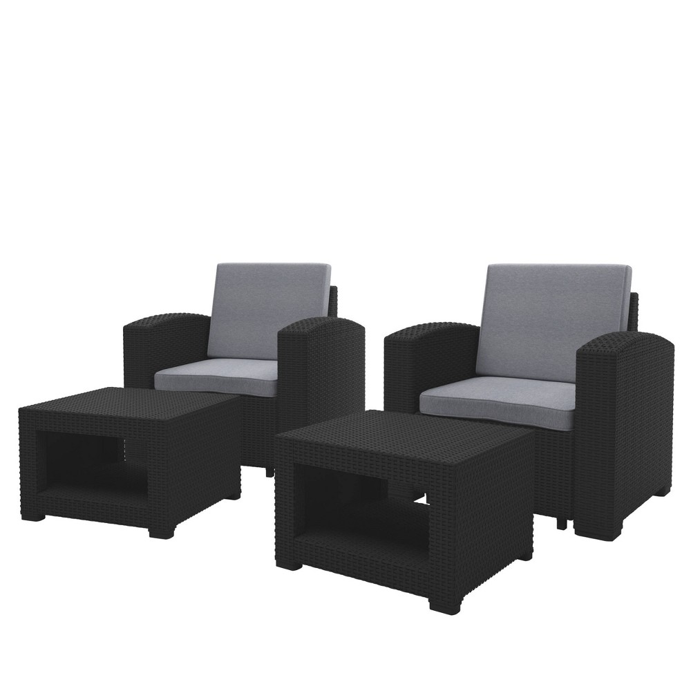 Photos - Garden Furniture CorLiving 4pc All Weather Outdoor Chair & Ottoman Set with Cushions - Black/Light Gr 