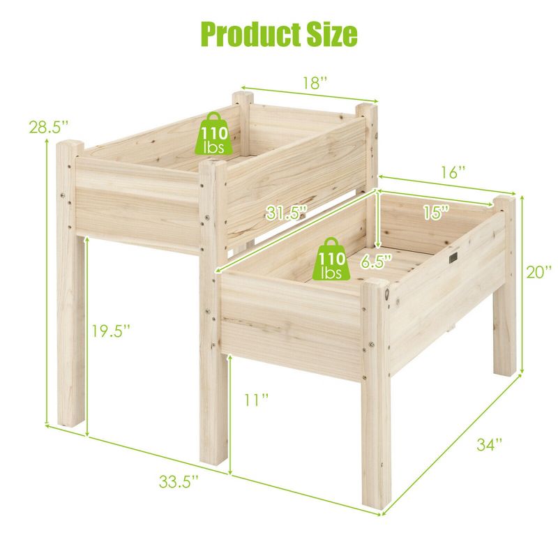 Costway 2 Tier Wooden Raised Garden Bed Elevated Planter Box w/Legs Drain Holes, 2 of 11