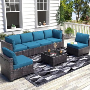 7Pcs PE Rattan Patio Conversation Set with Sectional Sofa & Coffee Table, Outdoor Furniture for Garden, Poolside, and Backyard, Brown/Peacock Blue - 1 of 4