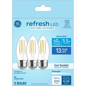 GE 3pk 60 W Refresh LED Decorative Light Bulbs Cool Daylight: E26 Base, 500 Lumens, Dimmable, Energy Star Certified - 1 of 4