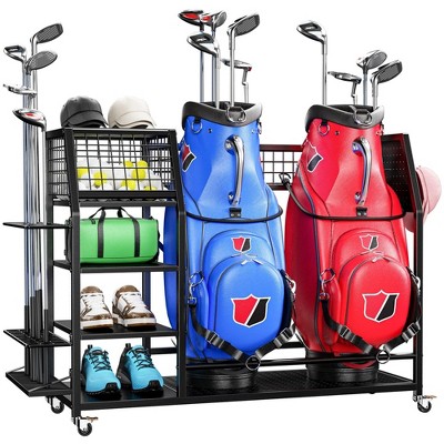 MOEPISY Golf Bag Organizer with Wheels, Holds 2 Bags & 27 Clubs, Heavy Duty Thick Frame Garage Storage Rack Cart