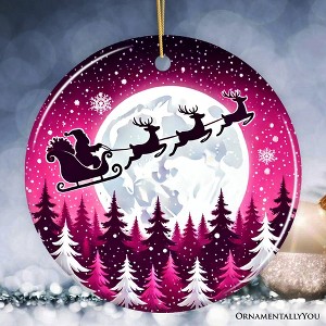 Moonlit Santa Silhouette Pink Themed Ornament, Enchanted Night Sky for Holiday Decor| OrnamentallyYou - 1 of 4