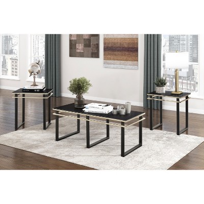 Black Coffee Table and End Tables Set Occasional 3pc Tables Tempered Glass Top Metal Frame Modern Living Room Furniture
