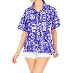 LA LEELA Women's Button Down Blouses Casual Summer Beach Party Short Sleeve Floral Blouses Button Up Hawaiian Dresses for Women - 1 of 4