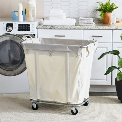 Natural Canvas and Silver Frame Rolling Laundry Hamper with Wheels