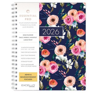 Essential PRO 2026 Daily, Weekly/Monthly Planner, 8.5"x11": 14 Months (Nov 2025-Dec 2026) Tabs,Notes Pages,Storage Pocket,Bookmark (Small Navy Floral) - 1 of 4