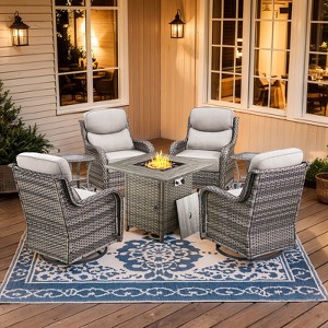 Buenhomino 7 Pieces Outdoor Patio Furniture Set with 30" Square Fire Pit Table, Rattan Wicker Swivel Rocker Chairs Sets - 1 of 4