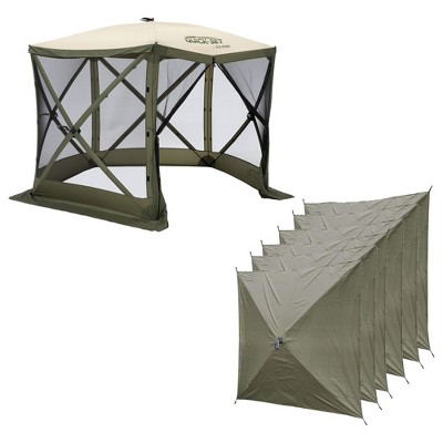CLAM Quick Set Venture 9x9 Ft Portable Outdoor Camping Canopy Shelter, Green/Tan + Clam Quick Set Screen Hub Tent Wind & Sun Panels, Green (2 Pack)