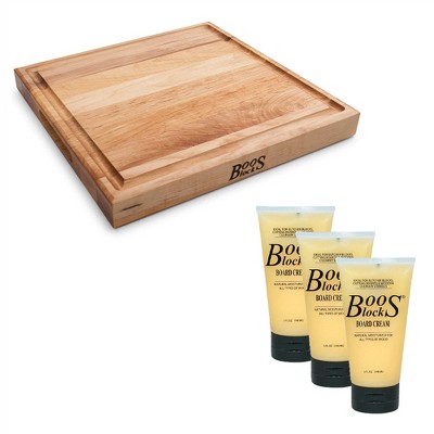 John Boos Block 15x15 Inch Square Maple Wood Cutting Carving Board Bundle with Butcher Block Board Natural Moisture Cream, 5 Oz (3 Pack)