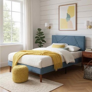 MAYEERTY Platform Bed Frame - Upholstered Padded Headboard, 12 Wood Slats & Center Support Leg - 1 of 4