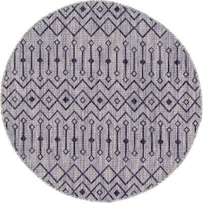 Round Light Gray and Blue Synthetic Outdoor Trellis Rug