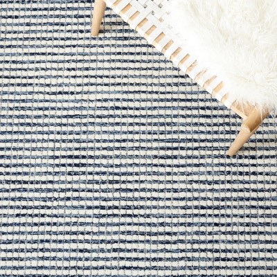 Blue and Ivory Tufted Wool Abstract Runner Rug