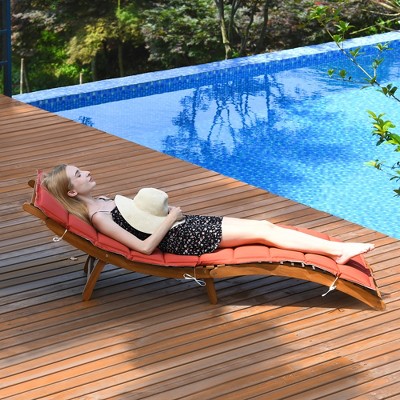 Folding Eucalyptus Wood Chaise Lounge with Red and White Cushions