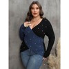 Coolmee Women Plus Size Sexy Pearl Contrast Color Stitching Long Sleeve Cross Deep V Neck Beaded Sweater Top - 3 of 4
