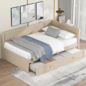 Twin Size Wood Daybed with Trundle and Guardrail, Beige/Gray -ModernLuxe - 1 of 4