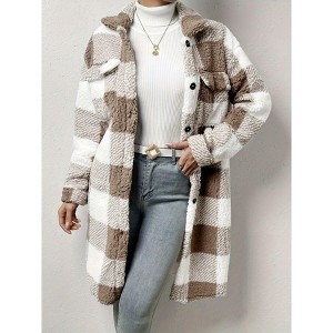 Coolmee Women's Long Flannel Plaid Jacket Shacket Cozy Lapel Button Down Shirt Jacket Fuzzy Trench Coat - 1 of 4