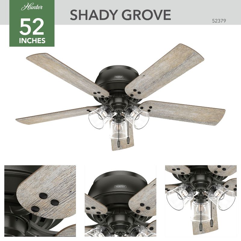52" Shady Grove Low Profile Ceiling Fan with Light Kit and Pull Chain (Includes LED Light Bulb) - Hunter Fan, 2 of 15