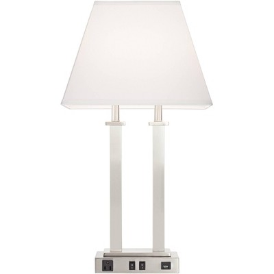 Brushed Nickel Table Lamp with USB and White Linen Shade