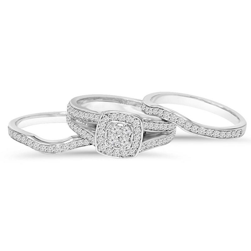 Pompeii3 1ct TDW Cushion Halo Diamond Trio Engagement Guard Wedding Ring Set Gold, 4 of 6