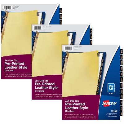 Avery Jan-Dec Dividers for 3 Ring Binders, 12 Tabs per Set, Pre-Printed Black Leather Tabs (3 Sets of 26180)