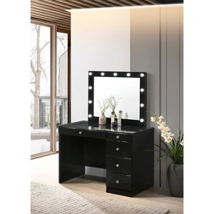 Gulches 2pc Black Makeup Vanity Set - LED Lighted Mirror, Glass Top, 5 Drawers, Crystal Knobs Wooden Bedroom Furniture - 1 of 4