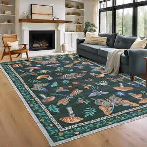 Non-Slip Low Pile Soft Insect Floral Washable Rug for Living Room - 1 of 4