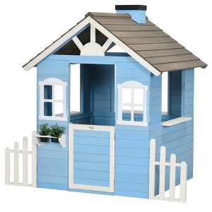 Outsunny Playhouse for Kids Outdoor, Country Style Wooden Playhouse with Flower Pot Holders, Door, Windows, Service Stations for 3-7 Years, Blue - 1 of 4