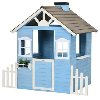 Outsunny Playhouse for Kids Outdoor, Country Style Wooden Playhouse with Flower Pot Holders, Door, Windows, Service Stations for 3-7 Years, Blue