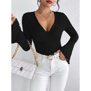 Womens Tops Wrap V Neck Bell Sleeve Knit Fitted Tshirt Fall Winter Top - 1 of 4