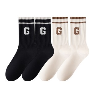 Anna-Kaci Women's 4-Pair Pack Ribbed Cotton Crew Socks with Striped Cuffs and G Letter Detail in Neutral Athletic Color Combinations - 1 of 4