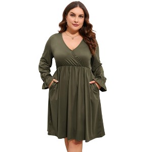 Coolmee Women's Plus Size Mini Dress Long Sleeve Wrap V Neck A Line Short Dress with Pockets - 1 of 4