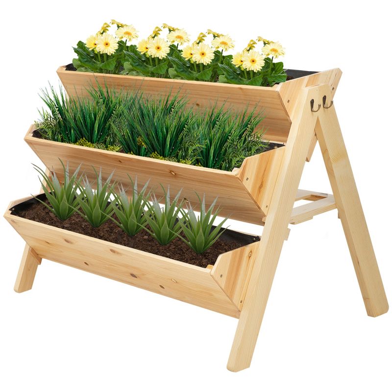 Outsunny 3-Tiers Raised Garden Bed Raised Garden Boxes Wooden Plant Stand with Side Hooks, Great for Flowers Herbs Vegetables, Natural, 1 of 10