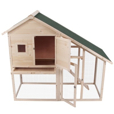 Natural Wood 2-Tier Guinea Pig Hutch with Ramp and Roof
