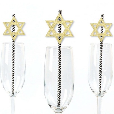 Big Dot of Happiness Gold Glitter Star of David Party Straws - No-Mess Real Gold Glitter Cut-Outs & Decorative Hanukkah Paper Straws - Set of 24