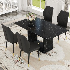 CAVINAS Dining Table Set for 4 Kitchen Table Black Marble Pattern MDF Dining Set with 4 White PU Chairs With a Widened Backrest Design - 1 of 4