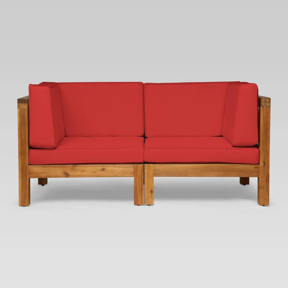 Brava 2pc Acacia Modular Loveseat - Teak/Red - Christopher Knight Home: Weather-Resistant Outdoor Seating Set