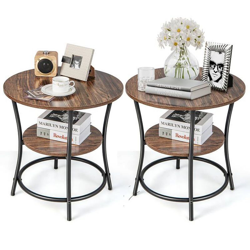 Costway 2 PCS 2-Tier Sofa Side End Table Round Nightstand with Sturdy Metal Frame Brown/Oak, 1 of 11