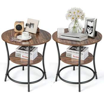 Costway 2 PCS 2-Tier Sofa Side End Table Round Nightstand with Sturdy Metal Frame Brown/Oak