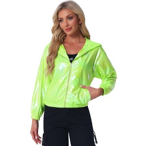 INSPIRE CHIC Women's Holographic Shiny Long Sleeve Zipper Hooded Metallic Jacket - 1 of 4