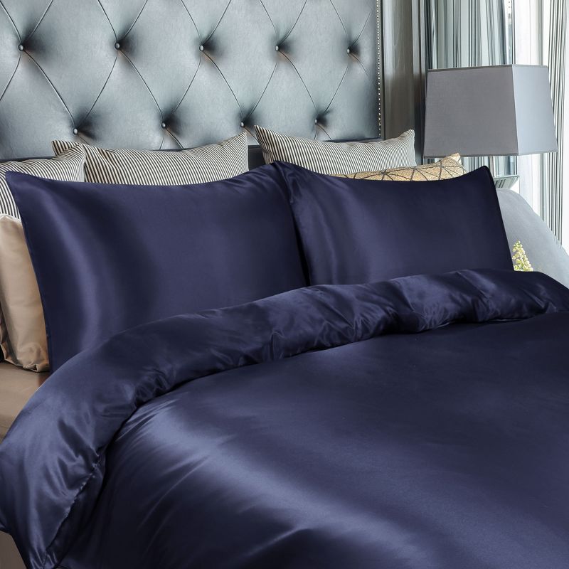 PiccoCasa Silk Satin Solid Reversible Bed Duvet Cover Set 3 Pcs, 3 of 7