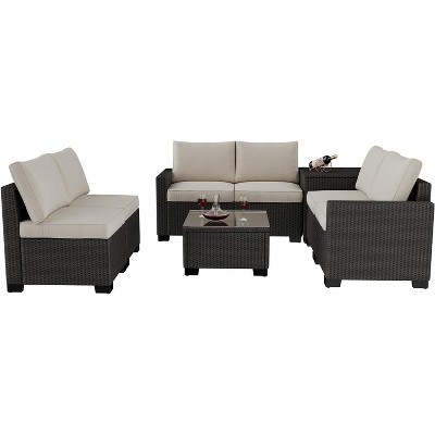 Garvee 8-Piece Outdoor Patio Furniture Set - 6 Seat Rattan Patio Conversation Sets with Glass Coffee Table and Hidden Storage Box
