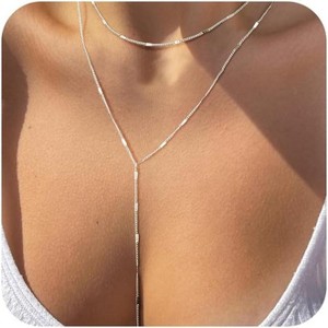 Adjustable Lip Chain Necklace | 14K Gold/Silver Y-Shaped Layered Pendant w/ Cubic Zirconia Beads - Dainty Gift for Her - 1 of 4