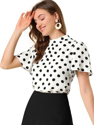 Allegra K Women's Vintage Ruffle Stand Collar Long Sleeves Polka Dots  Blouse Top White X-Small